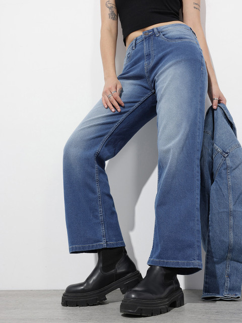 The Roadster Life Co. Women Straight Fit Mid-Rise Heavy Fade Stretchable Jeans