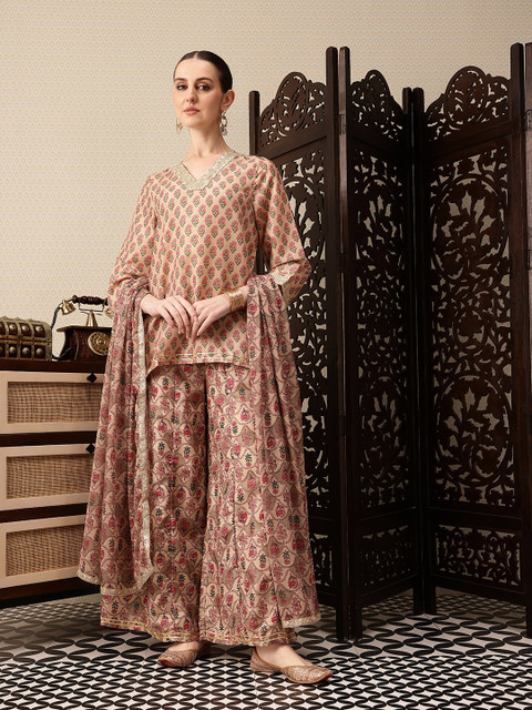 House of Pataudi Floral Printed V-Neck A-Line Jashn Kurti with Palazzos & Dupatta