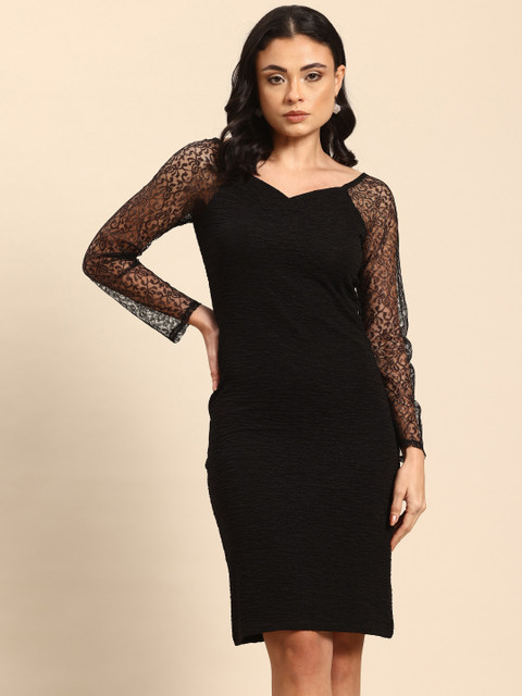 Qurvii Self Design Sweetheart Neck Bodycon Dress with Lace Inserts
