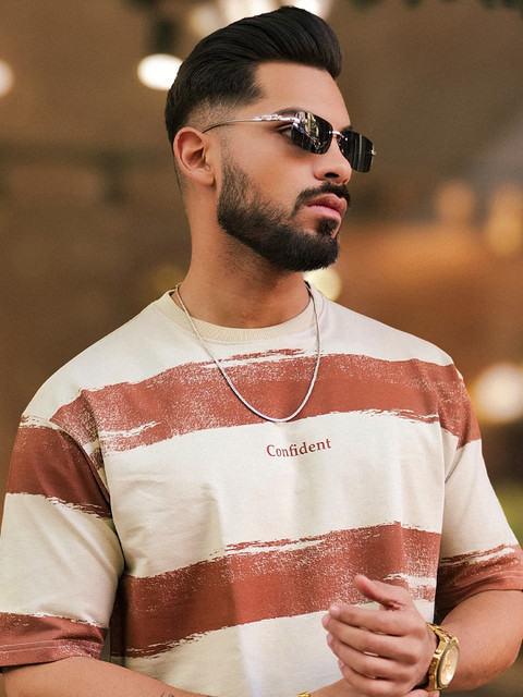 Maniac Men Striped Round Neck Cotton Oversized T-shirt