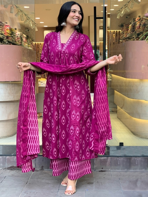 GoSriKi Ethnic Motifs Printed Pleated V-Neck A-Line Kurta With Palazzos And Dupatta