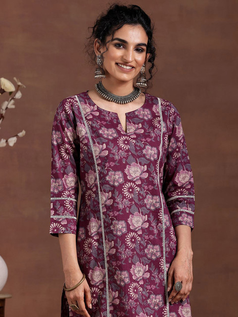 PHYSIL Floral Printed Notch Neck Pure Cotton Straight Kurta with Trousers