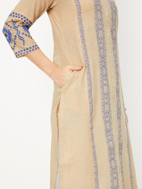 max Round Neck Geometric Embroidered High Slit Straight Kurta - Image 7