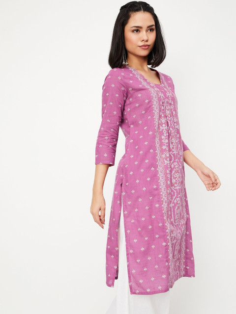 max Ethnic Motifs Woven Design Pleated V-Neck Straight Kurta - Image 3