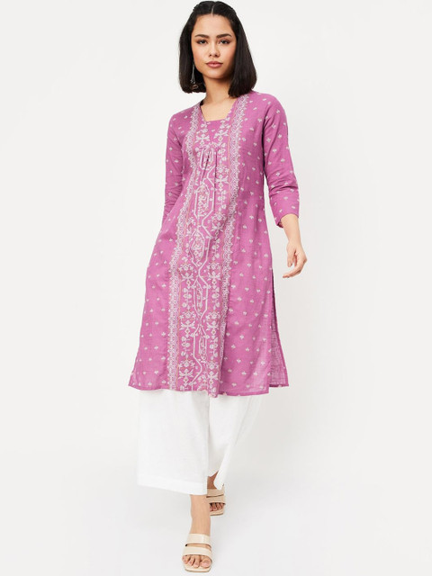 max Ethnic Motifs Woven Design Pleated V-Neck Straight Kurta - Image 6