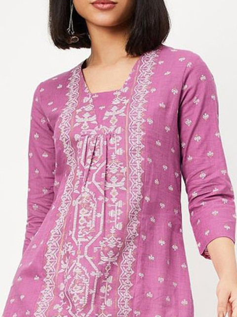 max Ethnic Motifs Woven Design Pleated V-Neck Straight Kurta - Image 2