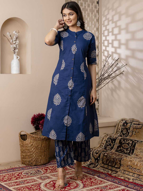 MF Hayat Ethnic Motifs Printed Mandarin Collar Pure Cotton A-Line Kurta With Palazzo