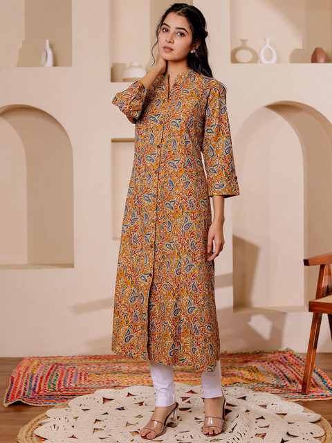 VASVI Paisely Printed Mandarin Collar Kalamkari Cotton A-Line Kurta - Image 4