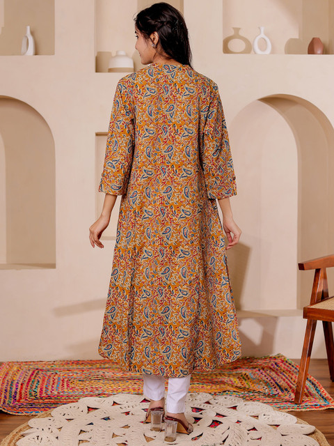 VASVI Paisely Printed Mandarin Collar Kalamkari Cotton A-Line Kurta - Image 5