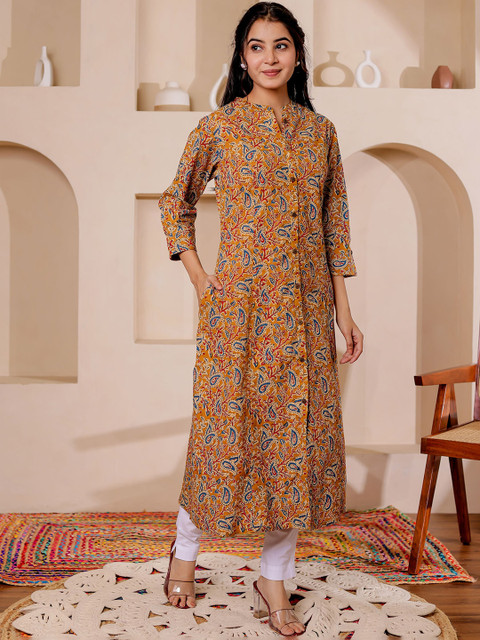 VASVI Paisely Printed Mandarin Collar Kalamkari Cotton A-Line Kurta - Image 3