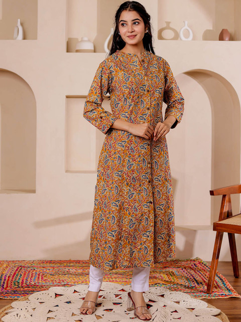 VASVI Paisely Printed Mandarin Collar Kalamkari Cotton A-Line Kurta - Image 6