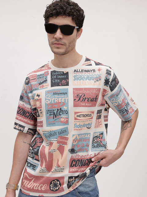 The Roadster Life Co. Typography Print Drop-Sleeves Pure Cotton Relaxed Fit T-shirt