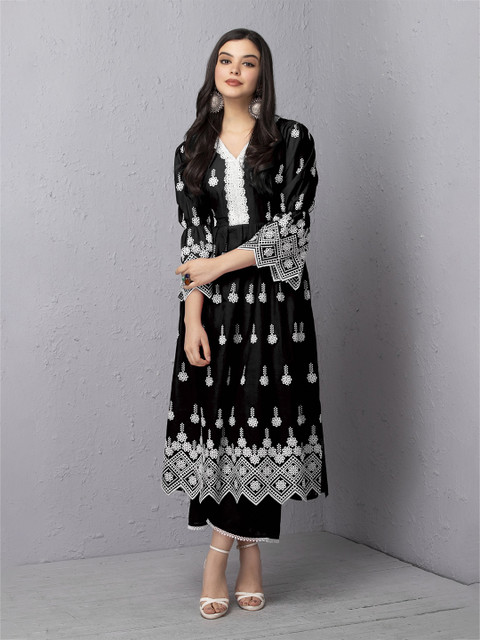 SEW Women Floral Embroidered V-Neck Chikankari Pleated Pure Cotton A-Line Kurta & Trousers