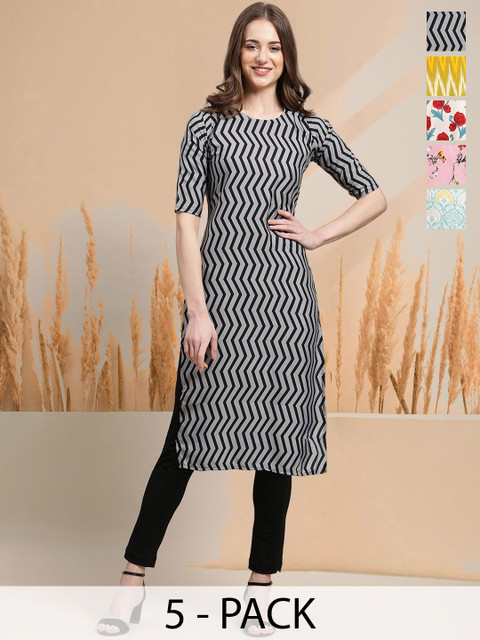 7Threads Selection of 5 Chevron Printed Round Neck Straight Kurtas