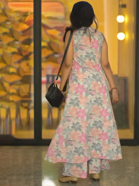 GoSriKi Floral Printed Round Neck Anarkali Kurta With Palazzos - Image 3