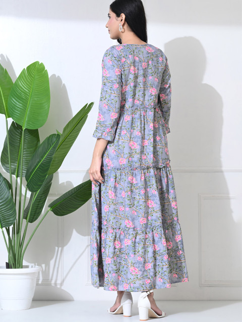 SILAKIVA Floral Printed Round Neck Tierd Pure Cotton Maternity Dress - Image 5