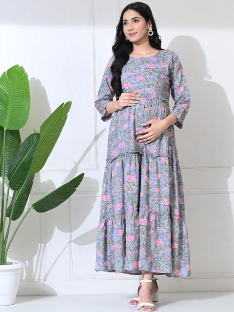 SILAKIVA Floral Printed Round Neck Tierd Pure Cotton Maternity Dress - Image 2