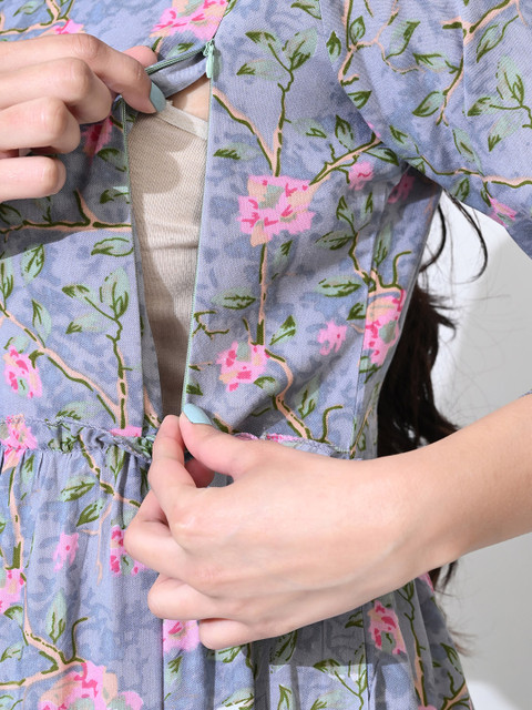 SILAKIVA Floral Printed Round Neck Tierd Pure Cotton Maternity Dress - Image 7