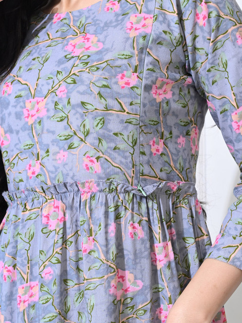 SILAKIVA Floral Printed Round Neck Tierd Pure Cotton Maternity Dress - Image 3