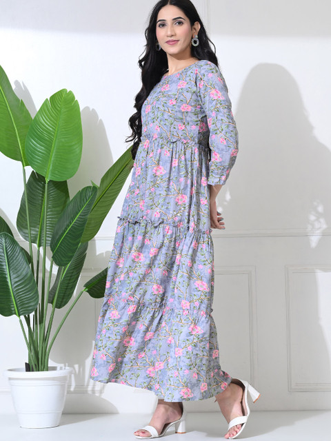 SILAKIVA Floral Printed Round Neck Tierd Pure Cotton Maternity Dress - Image 4