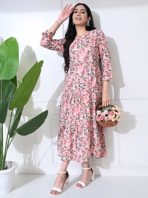 SILAKIVA Floral Printed Round Neck Tiered A-Line Maternity Dress - Image 6