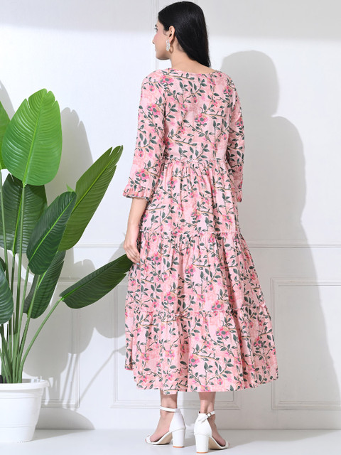 SILAKIVA Floral Printed Round Neck Tiered A-Line Maternity Dress - Image 4