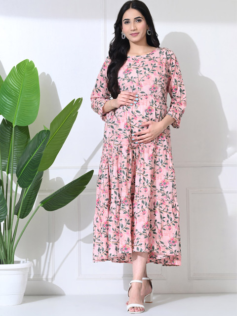 SILAKIVA Floral Printed Round Neck Tiered A-Line Maternity Dress - Image 5