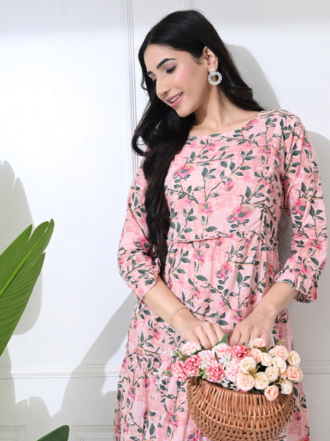 SILAKIVA Floral Printed Round Neck Tiered A-Line Maternity Dress - Image 7