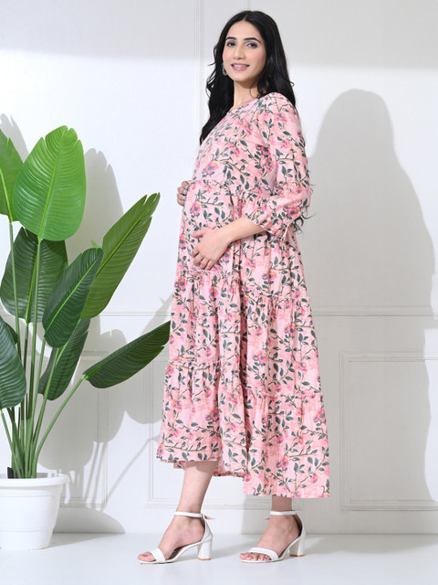 SILAKIVA Floral Printed Round Neck Tiered A-Line Maternity Dress
