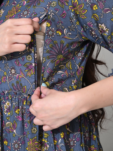 SILAKIVA Floral Printed Round Neck Maternity Pure Cotton Fit And Flare Dress - Image 3
