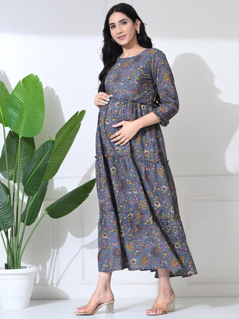 SILAKIVA Floral Printed Round Neck Maternity Pure Cotton Fit And Flare Dress - Image 4