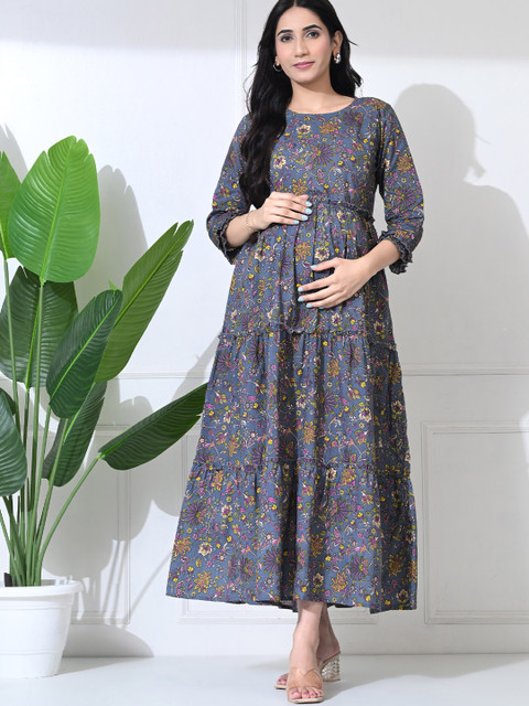 SILAKIVA Floral Printed Round Neck Maternity Pure Cotton Fit And Flare Dress - Image 2
