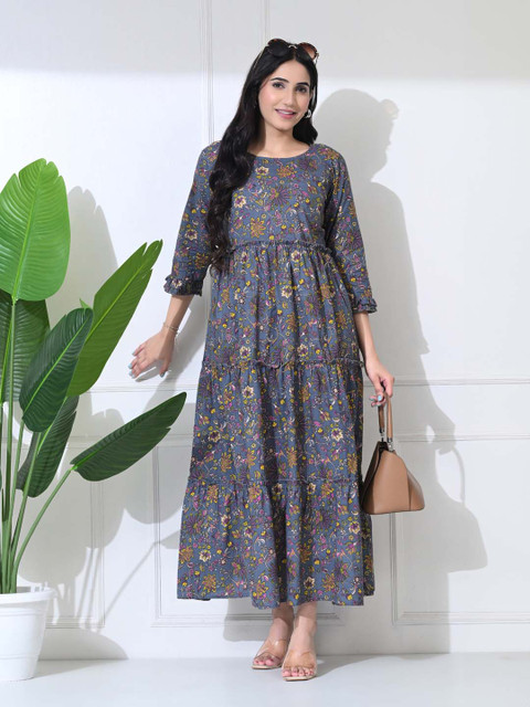 SILAKIVA Floral Printed Round Neck Maternity Pure Cotton Fit And Flare Dress