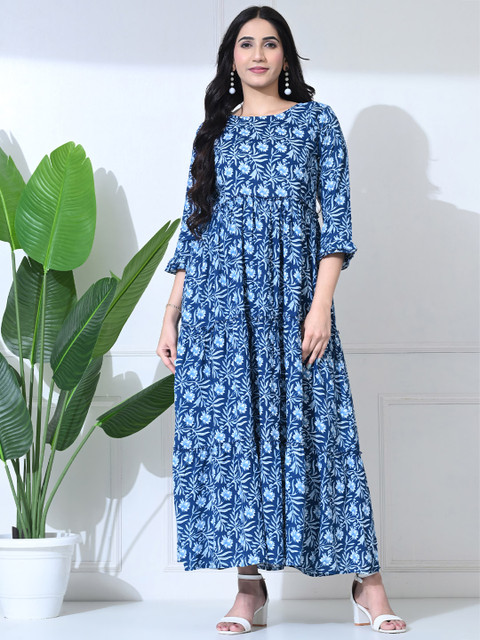 SILAKIVA Floral Printed Round Neck Tiered Anarkali Maternity Kurta - Image 6