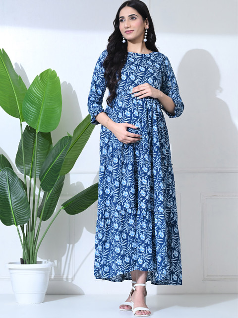 SILAKIVA Floral Printed Round Neck Tiered Anarkali Maternity Kurta - Image 2