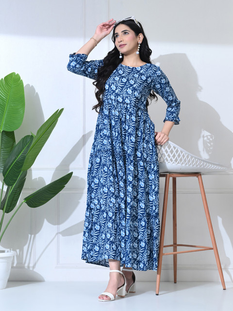 SILAKIVA Floral Printed Round Neck Tiered Anarkali Maternity Kurta