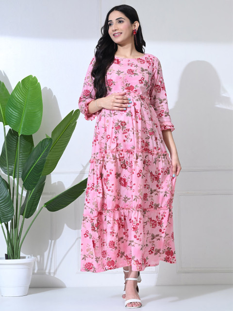 SILAKIVA Floral Printed Round Neck Tierd Pure Cotton Anarkali Maternity Kurta - Image 2