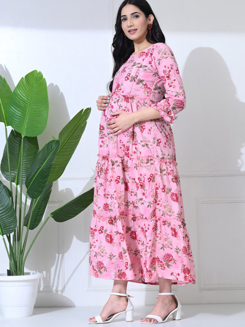 SILAKIVA Floral Printed Round Neck Tierd Pure Cotton Anarkali Maternity Kurta - Image 5