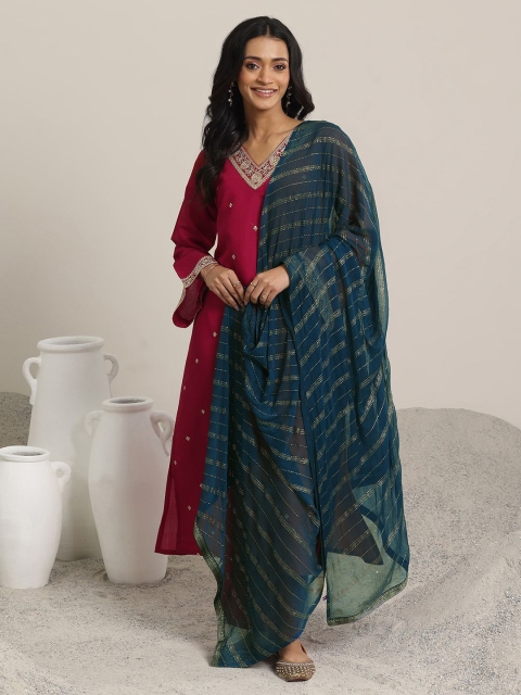 Gerua By Libas Floral Embroidered Regular Kurta With Trousers And Dupatta