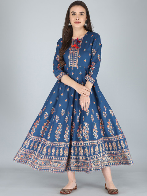 AJ ART Floral Printed Empire Tie-Up Neck Ethnic Dress