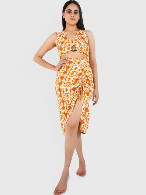 Blissence Geometric Printed Pure Cotton Buckle Top & Skirt Swimwear Cover up Set