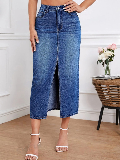 dolsia Women Front Slits Denim A-Line Midi Skirts