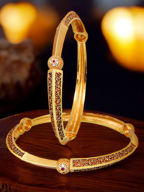 LUCKY JEWELLERY Set Of 2 18K One Gram Gold-Plated Stones-Studded Bangles - Image 3