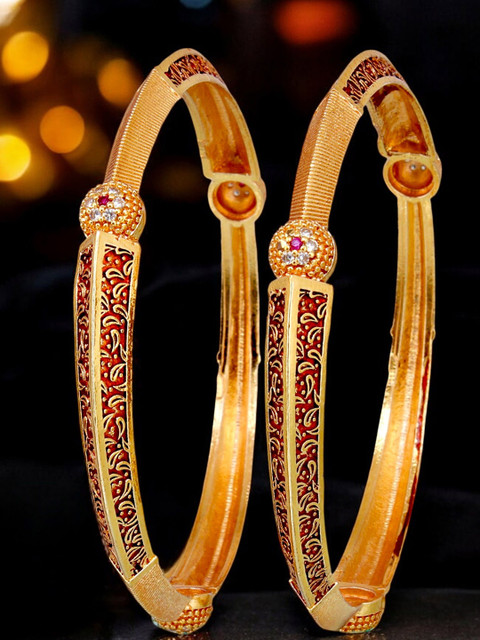 LUCKY JEWELLERY Set Of 2 18K One Gram Gold-Plated Stones-Studded Bangles - Image 4