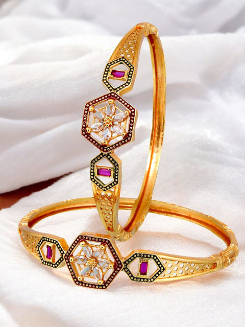 LUCKY JEWELLERY Set Of 2 18K One Gram Gold-Plated Stones-Studded Bangles