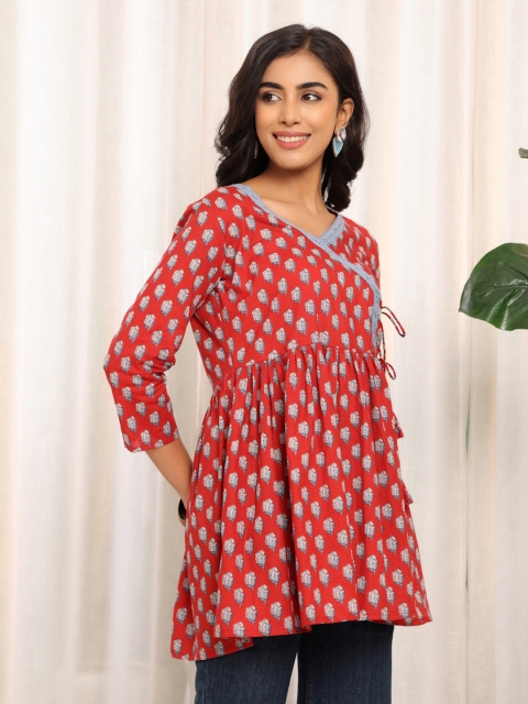 Varanga Women Floral Printed V-Neck Pure Cotton Angrakha Kurti - Image 4