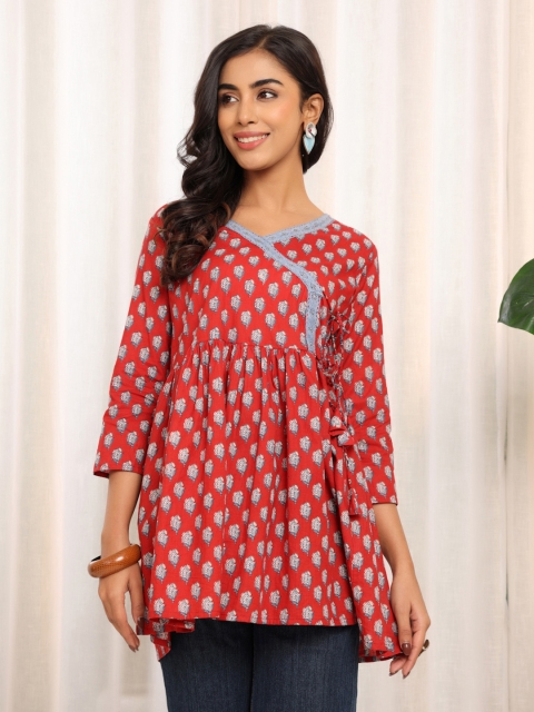 Varanga Women Floral Printed V-Neck Pure Cotton Angrakha Kurti - Image 2