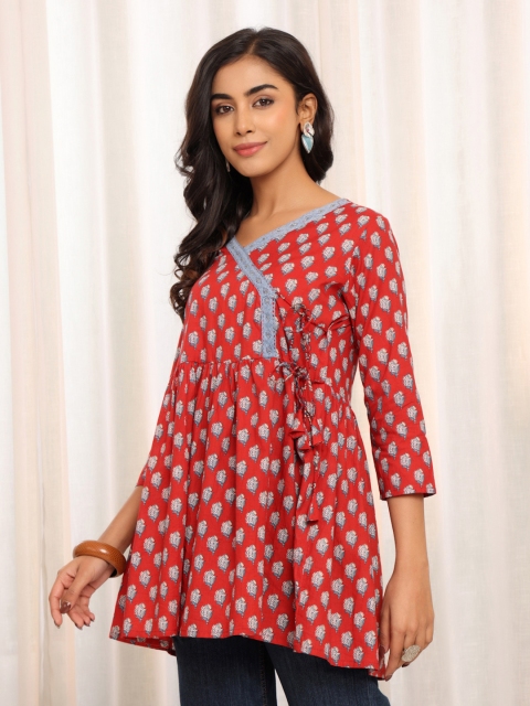 Varanga Women Floral Printed V-Neck Pure Cotton Angrakha Kurti - Image 5