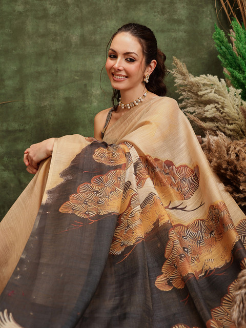 Silk Land Digital Print Floral Tissue Muga Silk Saree - Image 4