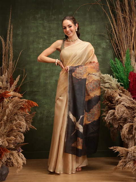 Silk Land Digital Print Floral Tissue Muga Silk Saree - Image 2